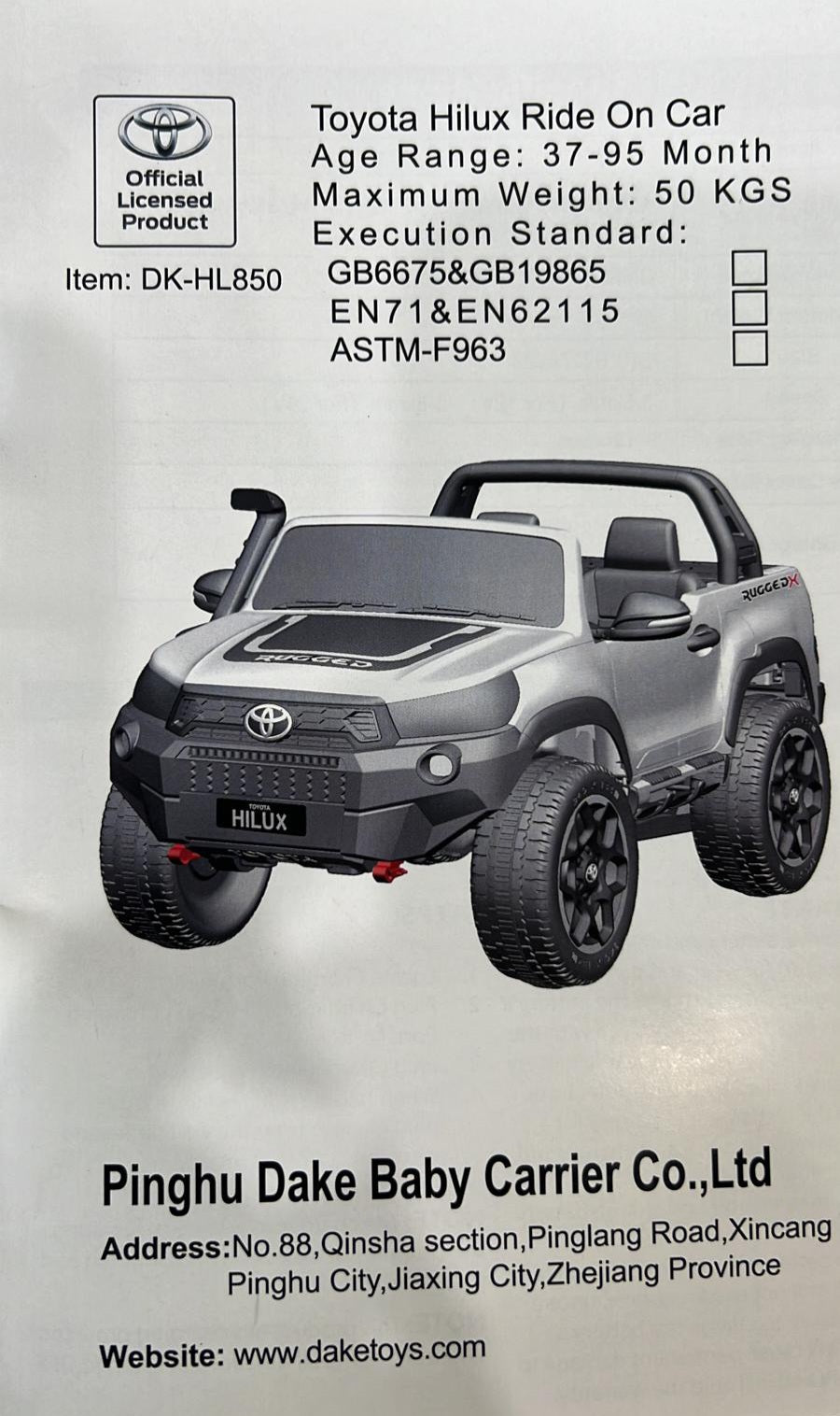 TOYOTA HILUX 4X4 24V UTE WHITE/BLACK RIDE ON CAR 800W